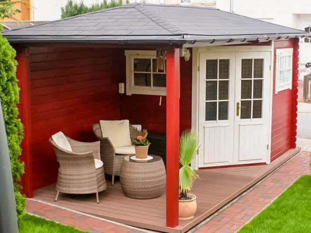 Klant afbeelding: 5-hoekig Tuinhuis met aanbouw model Franz-28
